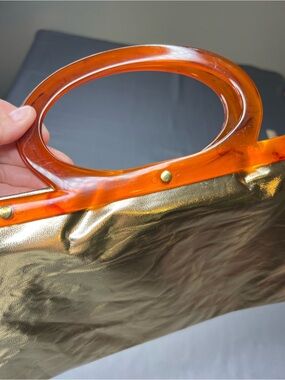 Vintage 1960s Merco Gold Metallic Folding Handbag | Lucite Tortoise Handle | Mod